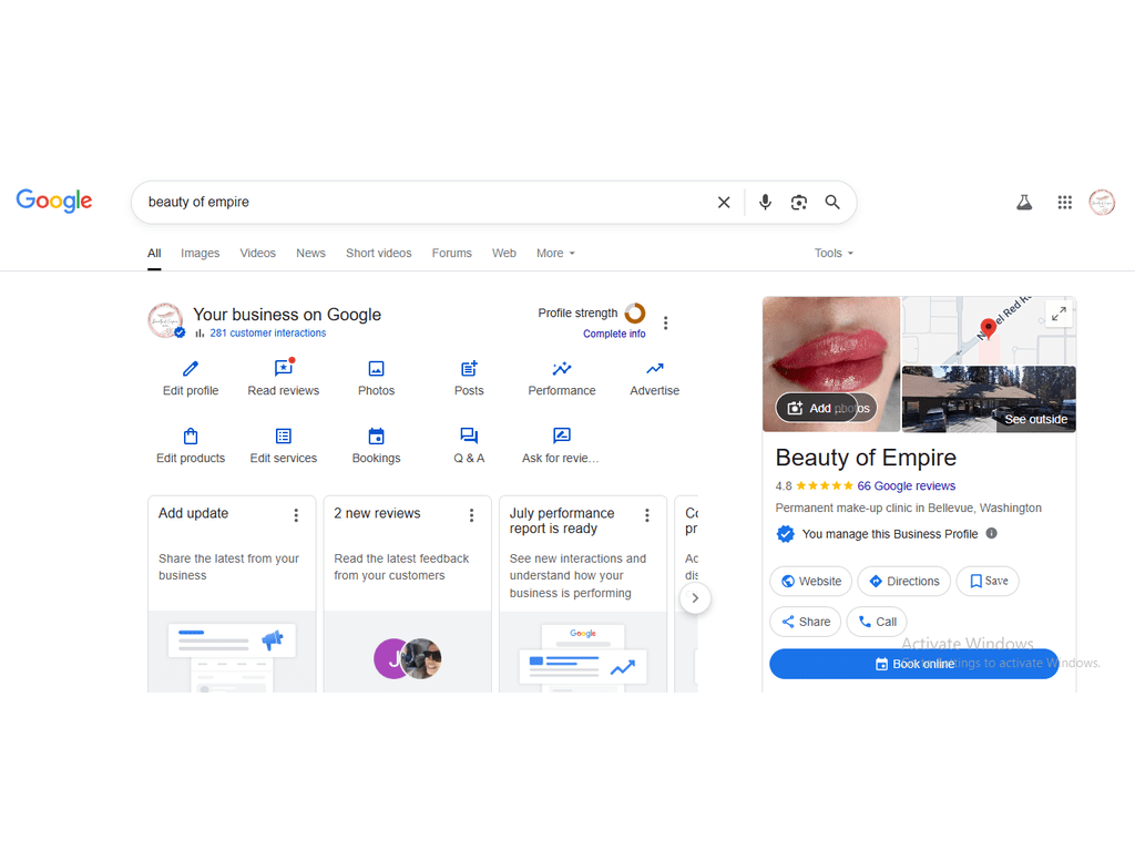 Permanent make-up clinic, 4.8 stars across 66 Google reviews.