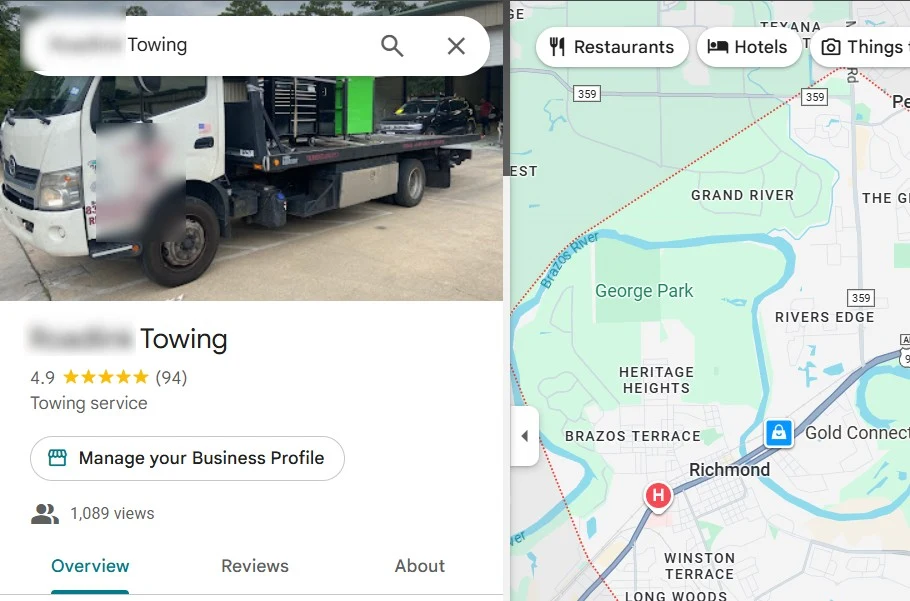 Towing business, 4.9 stars across 94 reviews and 1,089 listing views.